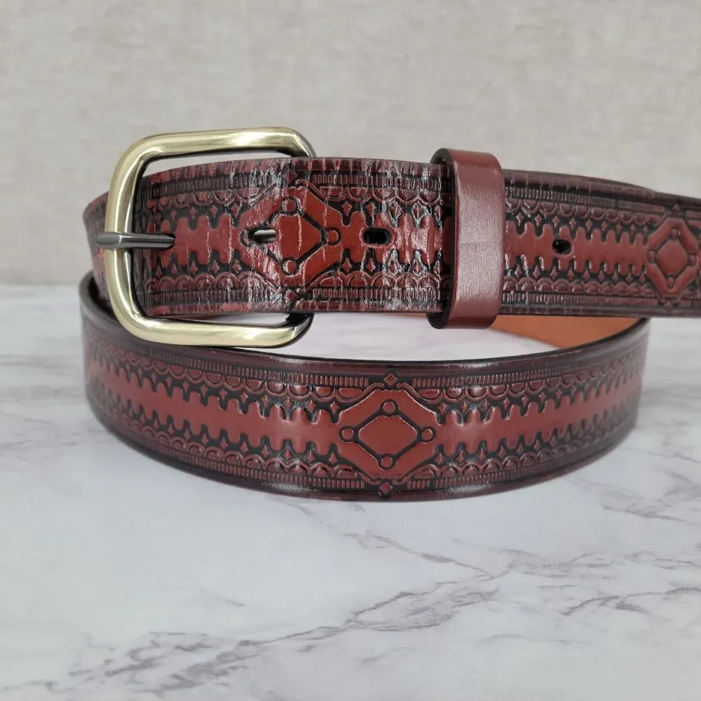 Red Brown Embossed Leather Belt